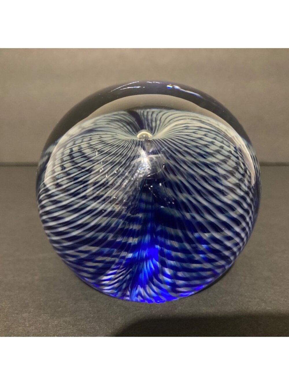 Correia Art Glass Blue And White Pulled Feather Stripes Paperweight Signed